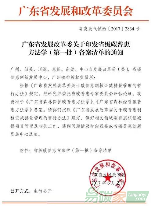 廣東省發(fā)展改革委關于印發(fā)省級碳普惠方法學（第一批）備案清單的通知